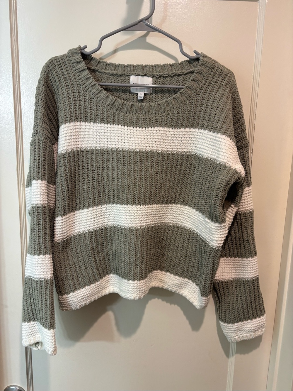 Olive Green & White Striped Crewneck Sweater